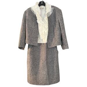 Anne Taylor Loft Silver Sequin Blazer Dress Set Womens Sz 8 EUC Ruffle Metallic